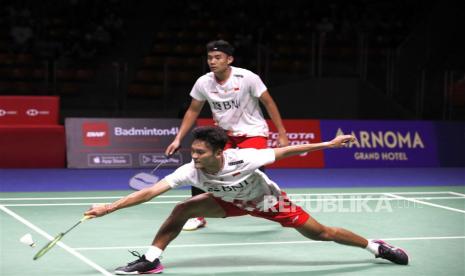 Muhammad Shohibul Fikri (depan) dan Bagas Maulana hanya jadi runner-up Denmark Open 2023.