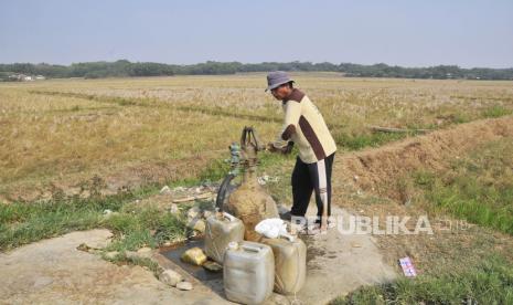 Seorang warga memompa air disamping sawah yang terdampak kekeringan di Desa Medalkrisna,Bojongmangu, Kabupaten Bekasi, Jawa Barat, Jumat (1/9/2023).