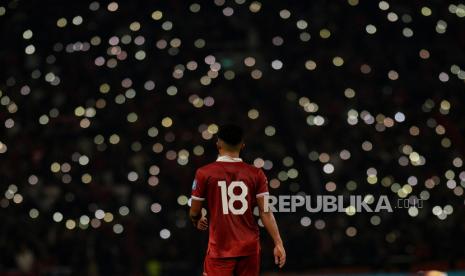 Pemain timnas Indonesia Ramadhan Sananta saat bertanding melawan timnas Brunei Darussalam pada laga Kualifikasi Piala Dunia 2026 zona Asia di Stadion Utama Gelora Bung Karno (SUGBK), Jakarta, Kamis (12/10/2023). Timnas Indoneaia berhasil menang melawan timnas Brunei Darussalam dengan skor 6-0 yang dihasilkan oleh gol hatrick  Dimas Drajad, dua gol oleh Ramadhan Sananta dan satu gol dari Rizky Ridho.