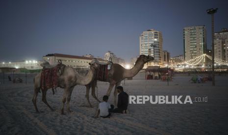 Warga Palestina duduk di samping unta mereka pada malam hari di pantai di Kota Gaza, Minggu, 6 Juni 2021.