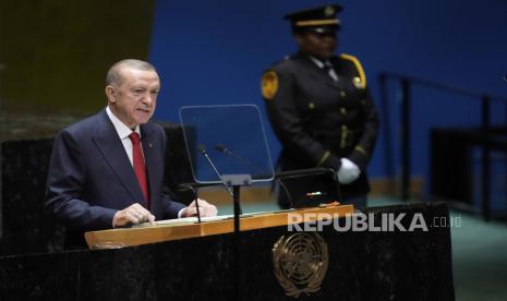 Presiden Turki Recep Tayyip Erdogan berpidato pada sesi ke-78 Majelis Umum PBB, Selasa, 19 September 2023 di markas besar PBB.