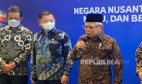 Wakil Presiden KH Maruf Amin saat hadir di Penutupan Musyawarah Perencanaan Pembangunan Nasional (Musrenbangnas) Rencana Kerja Pemerintah (RKP) 2024 dan Peluncuran Proyeksi Penduduk 2020-2050 yang diselenggarakan Kementerian PPN/Bappenas di Jakarta Convention Center, Selasa (16/5/2023).