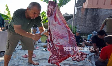 Warga mengiris daging hewan kurban untuk dibagikan di kompleks Perumahan Makmur Jaya 3, di Serang, Banten, Ahad (10/7/2022). Pembagian daging hewan kurban untuk warga yang berhak menandai perayaan Hari Raya Idul Adha sesuai syariat Islam yang dicontohkan Nabi Ibrahim. 