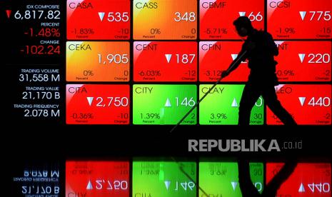 A janitor acts near the moving screen of the Combined Stock Price Index (IHSG) at the Indonesia Stock Exchange building, Jakarta, Thursday (24/2/2022).