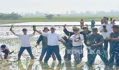 Menteri Pertanian (Mentan) Amran Sulaiman bersama jajaran dan petani menanam padi di area persawahan di Desa Gajah Mekar, Kecamatan Kutawaringin, Kabupaten Bandung, Rabu (6/12/2023) pagi. 