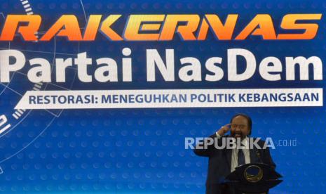 Ketua Umum Partai Nasdem Surya Paloh menyampaikan pidato dalam penutupan Rapat Kerja Nasional (Rakernas) Partai Nasdem di Jakarta Convention Center (JCC) Senayan, Jakarta, Jumat (17/6/2022). Pada penutupan Rakernas Partai Nasdem tersebut Ketua Umum Partai Nasdem Surya Paloh mengumumkan 3 nama bakal calon presiden hasil dari hasil Rakernas yaitu Gubernur DKI Jakarta Anies Baswedan, Panglima TNI Jenderal TNI Andika Perkasa dan Gubernur Jawa Tengah Ganjar Pranowo   Prayogi/Republika