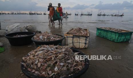 Nelayan menurunkan ikan tangkapannya di Pantai Jumiang, Pamekasan, Jawa Timur, Selasa (7/4/2020). Berdasarkan data KKP ekspor perikanan Indonesia periode Januari-Maret 2020 ke sejumlah negara naik dari periode sebelumnya diantaranya AS dari 36