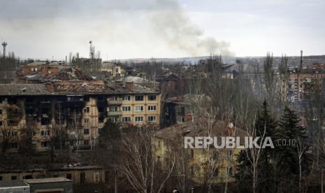  Pemandangan kota Bakhmut, tempat pertempuran terberat dengan pasukan Rusia, wilayah Donetsk, Ukraina, Rabu (15/3/2023).