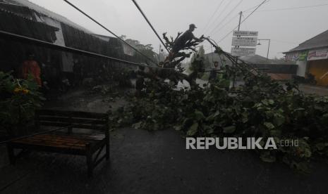 Warga bergotong royong memotong pohon yang tumbang menutupi jalan saat hujan lebat (ilustrasi)