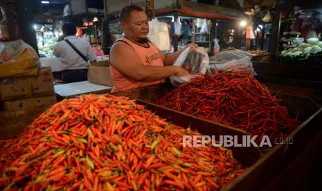 Pedagang cabai melayani pembeli di Pasar Senen, Jakarta, Senin (27/2/2023). Penjabat Gubernur Gorontalo Hamka Hendra Noer meminta Tim Pengendalian Inflasi Daerah (TPID) untuk bergerak cepat, sering melakukan komunikasi dan koordinasi, serta peninjauan langsung di lapangan untuk mencegah inflasi.