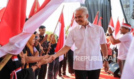 Gubernur Jawa Tengah, Ganjar Pranowo saat menghadiri acara Jambore Kebangsaan Kawal Pemilu Damai 2024 di Lapangan Pancasila Simpang Lima Semarang, Jawa Tengah, Ahad (3/9).