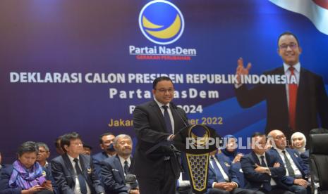 Gubernur DKI Jakarta Anies Baswedan menyampaikan pidato dalam acara Deklarasi Calon Predisen (capres) Partai Nasdem di Nasdem Tower, Jakarta, Senin (3/10/2022). Partai Nasdem resmi mengusung Anies Baswedan menjadi capres dalam perhelatan Pilpres 2024 mendatang. Republika/Prayogi.