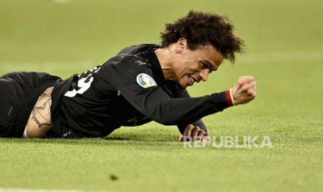 Reaksi pemain Jerman Leroy Sane selama pertandingan grup F kejuaraan sepak bola Euro 2020 antara Jerman dan Hongaria di Allianz Arena di Munich, Jerman, Rabu, 23 Juni 2021. 