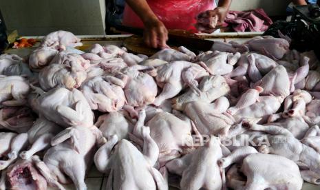 Pedagang melayani pembeli daging ayam broiler pesanan di Pasar Prawirotaman, Yogyakarta, Jumat (14/1/2022). Dalam sepekan terakhir harga daging ayam broiler mengalami kenaikan. Saat ini perkilogram daging ayam broiler dijual dengan harga Rp 40 ribu hingga Rp 43 ribu. Imbas kenaikan harga ayam ini penjualan turun.