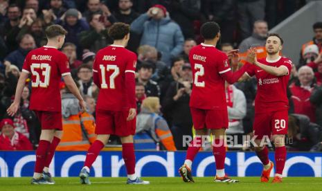 Para pemain Liverpool merayakan gol ke gawang Norwich City, Ahad (28/1/2024). 