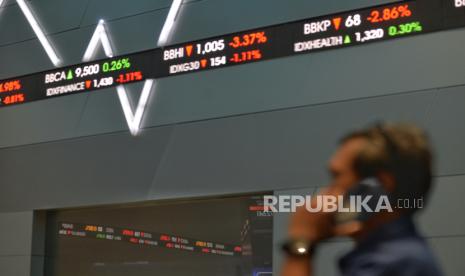 Karyawan beraktivitas di dekat layar elektronik yang menampilkan pergerakan Indeks Harga Saham Gabungan (IHSG) di Bursa Efek Indonesia (BEI), Jakarta, Jumat (19/4/2024). Indeks Harga Saham Gabungan (IHSG) ditutup di level 7.087 melemah 79,49 poin atau minus 1,11 persen dari perdagangan sebelumnya. Pelemahan IHSG terjadi usai Israel membalas serangan Iran. Ketegangan Iran dengan Israel yang semakin memanas tersebut menimbulkan sintimen negatif terhadap pasar modal Tanah Air.