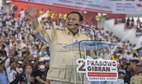  Calon presiden (capres) nomor urut 2, Prabowo Subianto saat berada di Medan, Sumatra Utara