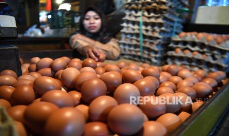 Pedagang telur menata telur ayam di salah satu kios di Jakarta, Kamis (2/6/2022). Badan Pusat Statistik (BPS) mengumumkan data inflasi Indonesia periode Mei 2022 mencapai 0,40 persen yang disebabkan kenaikan harga telur ayam serta tarif angkutan udara.