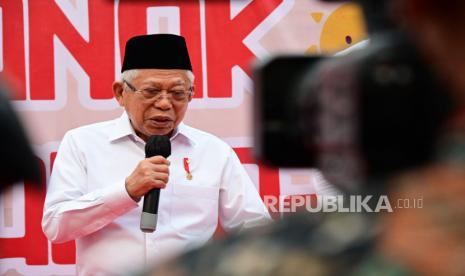 Wakil Presiden KH Maruf Amin saat menghadiri Puncak Peringatan Hari Anak Nasional Tahun 2023 di Semarang, Jawa Tengah, Ahad (23/7/2023).