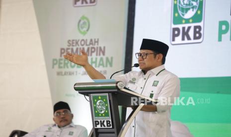 Ketua Umum PKB Abdul Muhaimin Iskandar dalam acara Sekolah Pemimpin Perubahan (SPP) Wilayah 1 Jawa Timur di Coban Rondo, Malang, Jawa Timur pada Rabu (10/7/2024). 