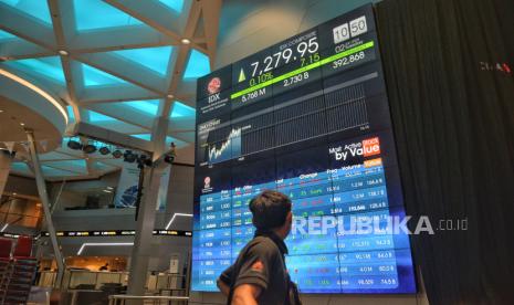 Pekerja berada didekat layar pergerakan Indeks Harga Saham Gabungan (IHSG) usai pembukaan perdagangan Bursa Efek Indonesia (BEI) tahun 2024 di Jakarta, Selasa (2/1/2024). Pada perdagangan perdana di tahun 2024 Indeks Harga Saham Gabungan (IHSG) dibuka mengalami penurunan sebesar 0,14 persen atau 5,4 poin ke level 7.266.