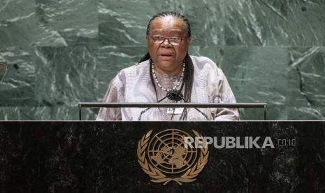  Menteri Hubungan dan Kerjasama Internasional Afrika Selatan Naledi Pandor berpidato di Sidang Majelis Umum PBB ke-76 pada Rabu, 22 September 2021.