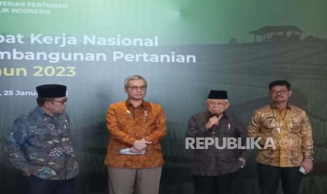 Wakil Presiden Maruf Amin saat membuka Rapat Kerja Nasional Pembangunan Pertanian di Hotel Bidakara, Jakarta, Rabu (25/1/2023).  Wakil Presiden KH Ma'ruf Amin menyoroti jumlah surplus beras yang terus menurun dari tahun ke tahun.