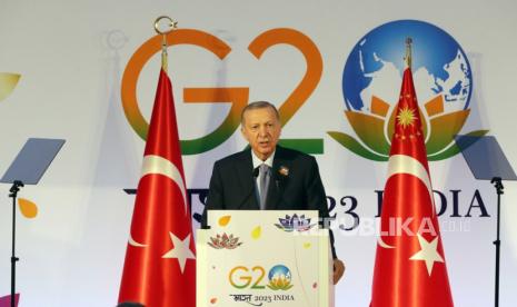 Turkish President Recep Tayyip Erdogan addresses a press conference at the international media center during the G20 Summit in New Delhi, India, 10 September 2023. The G20 Heads of State and Government summit took place in the Indian capital on 09 and 10 September.  