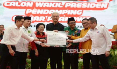 Suasana pengumuman calon Wakil Presiden Pendamping Ganjar Pranowo di Kantor DPP PDIP, Jakarta, Rabu (18/10/2023).