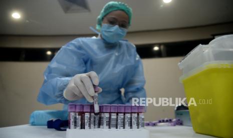 Petugas medis menunjukan sample darah dalam rapid test. 