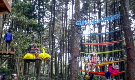 Sejumlah wisatawan menikmati keindahan alam pohon pinus Gunung Pancar, Kabupaten Bogor, Jawa Barat, Minggu (28/6/2020). Wisata alam Gunung Pancar mulai ramai dikunjungi wisatawan dari wilayah Jabodetabek sejak diberlakukan Pembatasan Sosial Berskala Besar (PSBB) proporsional di Kabupaten Bogor. ANTARA FOTO/Yulius Satria Wijaya/foc.