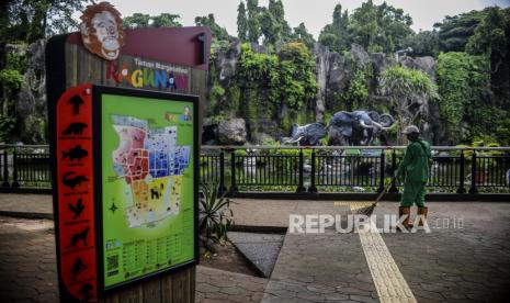 Petugas kebersihan saat menyapu di Taman Margasatwa Ragunan, Jakarta, Jumat (22/10). Taman Margasatwa Ragunan akan dibuka kembali untuk rekreasi masyarakat pada Sabtu (23/10), dengan syarat pengunjung harus sudah divaksin minimal dosis pertama, melakukan pendaftaran online sebelum kunjungan, memindai kode batang aplikasi PeduliLindungi pada pintu masuk dan hanya untuk pengunjung yang memiliki KTP DKI Jakarta. Republika/Putra M. Akbar