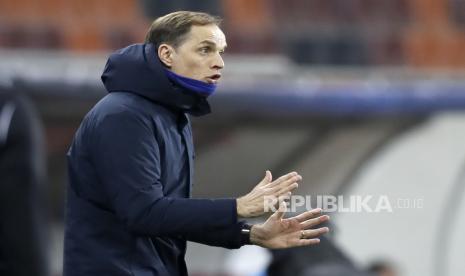 Reaksi pelatih kepala Chelsea Thomas Tuchel saat pertandingan babak 16 besar Liga Champions UEFA, pertandingan sepak bola leg pertama antara Atletico Madrid dan Chelsea FC di Bucharest, Rumania, 23 Februari 2021.