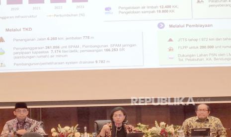 Menteri Keuangan Sri Mulyani dalam Konferensi Pers APBN 2023 di Gedung Djuanda 1, Kementerian Keuangan, Jakarta, Selasa (2/1/2024). 