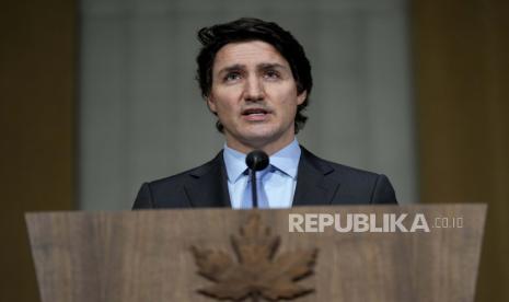 Perdana Menteri Justin Trudeau berbicara tentang situasi di Ukraina, di Ottawa, pada Selasa, 22 Februari 2022. 