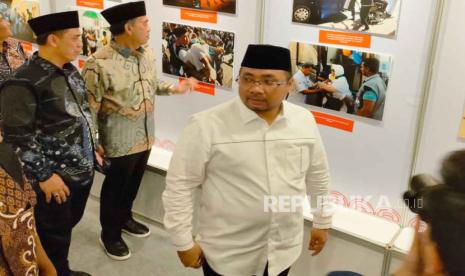 Menag Yaqut Cholil Qoumas dalam acara Mudzakarah Perhajian Indonesia 2023 yang diadakan di Sportorium UMY, Kabupaten Bantul, Senin (23/10/2023).