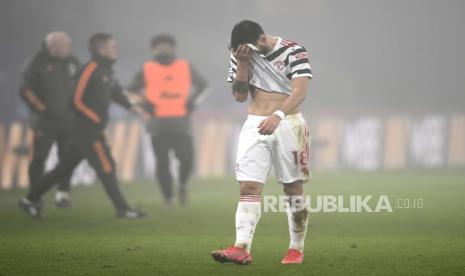 Reaksi Bruno Fernandes dari Manchester United setelah pertandingan sepak bola Liga Utama Inggris antara Crystal Palace dan Manchester United di stadion Selhurst Park di London, Inggris, Rabu, 3 Maret 2021. 