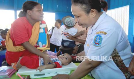 Petugas kesehatan menimbang berat badan bayi di Posyandu Nuri, Kampung Ifar Besar, Kabupaten Jayapura, Selasa (12/9/2023). Kegiatan tersebut dalam rangka pencegahan stunting dengan cara pemberian vitamin A dan imunisasi kepada anak serta demo masak kepada ibu-ibu guna nambah pemberian makanan pada anak. 