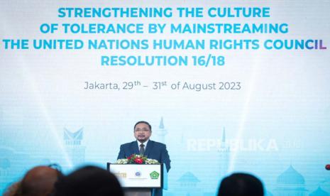 Menteri Agama Yaqut Cholil Qoumas di acara Jakarta Plurilateral Dialogue bertema Strengthening the Culture of Tolerance by Mainstreaming UN Human Rights Council Resolution 16/18 (Memperkuat Budaya Toleransi dengan Pengarusutamaan Resolusi Dewan Hak Asasi Manusia PBB 16/18) di Jakarta pada Selasa (29/8/2023). 