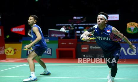 Pebulu tangkis ganda putra Indonesia, Fajar Alfian dan Muhammad Rian Ardianto. Fajar Alfian/Muhammad Rian Ardianto, gagal menjuarai Korea Open 2023.