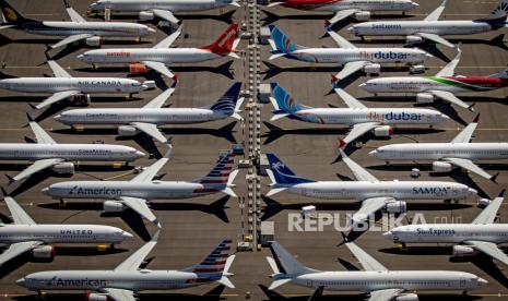  Pemandangan udara dari pesawat Boeing 737 Max 8 yang duduk diparkir di Boeing Field di Seattle, Washington, AS, 21 Juli 2019 (diterbitkan ulang 18 November 2020). 