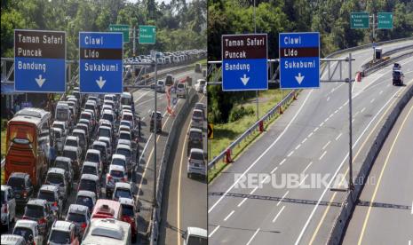 Foto kombo kendaraan terjebak kemacetan usai keluar gerbang tol Ciawi menuju jalur wisata Puncak pada muslim liburan sebelum pandemi COVID-19, Selasa (24/12) (kiri) dan suasana jalan di lokasi yang sama yang lengang saat pandemi COVID-19 (kanan) di Puncak, Kabupaten Bogor, Jawa Barat, Sabtu (4/4). ANTARA FOTO/Yulius Satria Wijaya/wsj