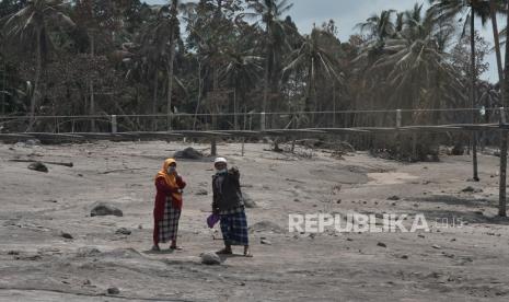 Warga melihat proses evakuasi lanjutan korban erupsi Gunung Semeru di Kampung Renteng, Desa Sumberwuluh, Kecamatan Candipuro, Kabupaten  Lumajang, Jawa Timur, Rabu (8/12). Data tim DVI Polri, korban erupsi Gunung Semeru yang ditemukan meninggal hingga Selasa (7/12) berjumlah 30 orang. Dari jumlah itu, 10 jenazah sudah berhasil diidentifikasi. Sementara 20 jenazah lainnya masih dalam proses identifikasi.