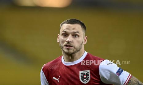  Marko Arnautovic dari Austria selama pertandingan sepak bola grup B1 Liga Bangsa-Bangsa UEFA antara Austria dan Norwegia di Wina, Austria, 18 November 2020.