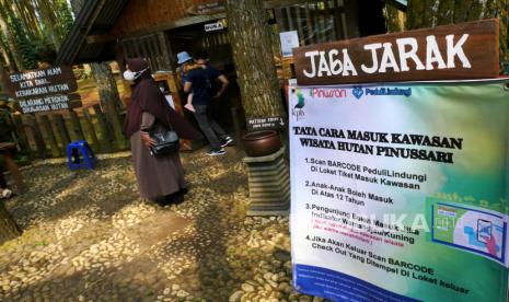 Yogyakarta Kaji Penerapan Ganjil Genap Kawasan Wisata. Warga berwisata di kawasan Hutan Pinussari Mangunan, Bantul, Yogyakarta, Kamis (16/9). Sejak Selasa (14/9) Pinussari Mangunan sudah menerima wisatawan yang mampu menunjukkan tanda hijau dan kuning dari aplikasi peduli lindungi. Di samping itu juga tidak menerima kunjungan anak-anak dibawah 12 tahun. Kekuatan sinyal internet menjadi masalah di kawasan wisata ini. Beberapa pengunjung susah untuk mengakses dan memindai barcode aplikasi peduli lindungi.