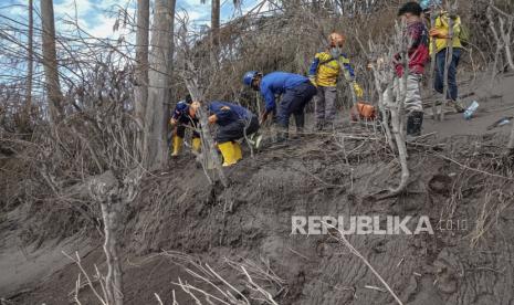 Sebuah foto selebaran yang disediakan oleh Badan Pencarian dan Pertolongan Nasional Indonesia (BASARNAS) menunjukkan tim penyelamat mencari korban di daerah yang terkena dampak letusan Gunung Semeru di Lumajang, Jawa Timur, Indonesia, 07 Desember 2021. Gunung berapi meletus pada 04 Desember meninggalkan sedikitnya 34 orang tewas dan puluhan hilang.