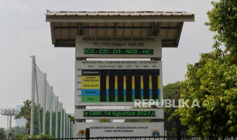 Papan informasi Indeks Pencemaran Udara terpasang di kawasan Stadion Utama Gelora Bung Karno (SUGBK) Jakarta, Senin (14/8/2023). Pemerintah menilai kondisi polusi udara di Jakarta sudah berada diangka 156 dengan keterangan tidak sehat. Hal tersebut diakibatkan emisi transportasi, aktivitas industri di Jabodetabek serta ondisi kemarau panjang sejak tiga bulan terakhir. Presiden Joko Widodo merespon kondisi tersebut dengan menginstruksikan kepada sejumlah menteri dan Gubernur untuk segera menangani kondisi polusi udara dengan memberlakukan kebijakan WFH untuk mengatasi emisi transportasi, mengurangi kendaraan berbasi fosil dan beralih menggunakan transportasi massal, memperbanyak ruang terbuka hijau, serta melakukan rekayasa cuaca.