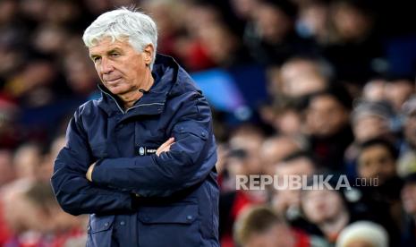 Reaksi pelatih Atalanta Gian Piero Gasperini usai pertandingan sepak bola Grup F Liga Champions antara Atalanta dan Manchester United.