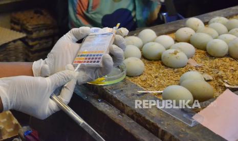 Pemeriksaan kualitas telur oleh petugas laboratorium keliling keamanan makanan segar Dinas Ketahanan Pangan dan Pertanian saat monitoring harga bahan pokok oleh Wali Kota Bandung Yana Mulyana di Pasar Baru, Rabu (15/3/2023). Jelang Ramadhan 1444 H harga komoditas bahan pokok umumnya relatif stabil, namun harga telur mengalami kenaikan sebesar Rp 2.000. Saat ini harga telur ayam Rp 29.000 dari Rp 27.000 per kilogram. Kenaikan harga telur ayam dipicu permintaan masyarakat yang tinggi jelang Ramadhan. Diperkirakan penggunaan telur ayam untuk bahan membuat kue-kue sehingga menyetok telur ayam.