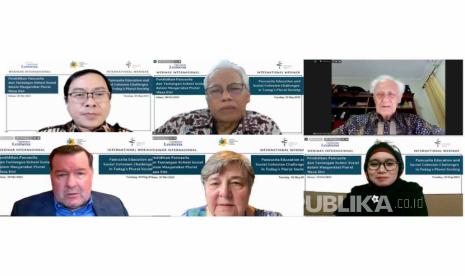 Para pembicara dan moderator webinar bertajuk Pendidikan Pancasila dan Tantangan Kohesi Sosial dalam Masyarakat Plural Masa Kini Selasa (30/5/2023) malam. 